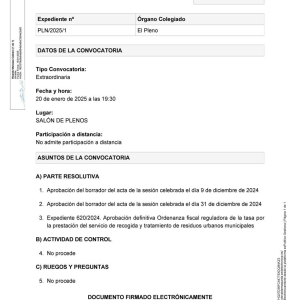 Convocatoria a Pleno sesión extraordinaria, lunes 20 de enero a las 19:30h